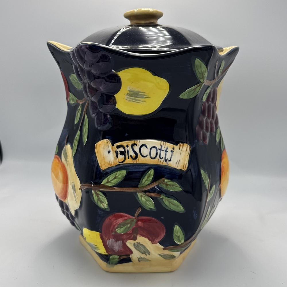 Hand Painted for Nonni's Biscotti Cookie Jar, Raised Fruit, Ceramic Canister